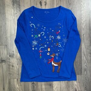 Tru Tees‎ Womens Blue Long Sleeve Christmas Reindeer Snowflake Ugly Sweater